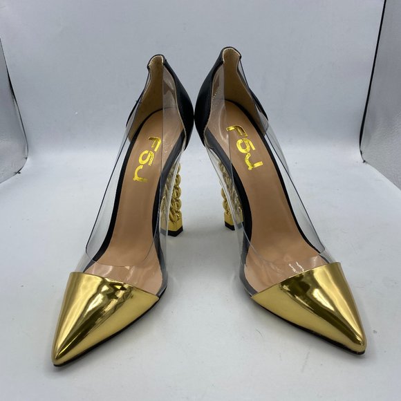FSJGolden Block High Heels Clear Pumps Pointed Toe Dress Party Evening Shoes - Picture 2 of 11